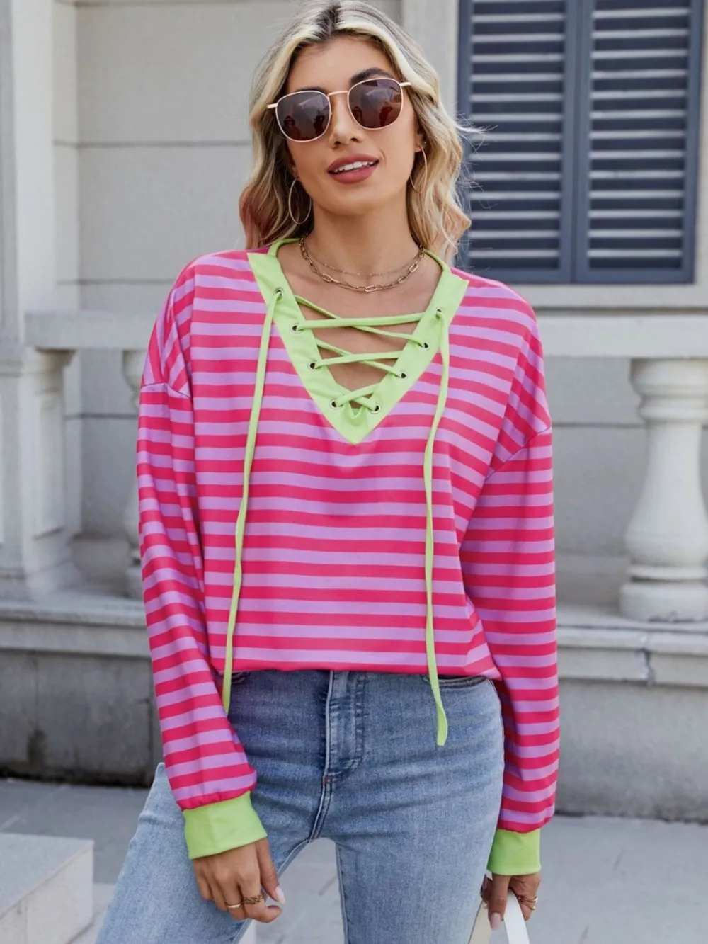 Lace-Up Striped Long Sleeve T-Shirt, image 2