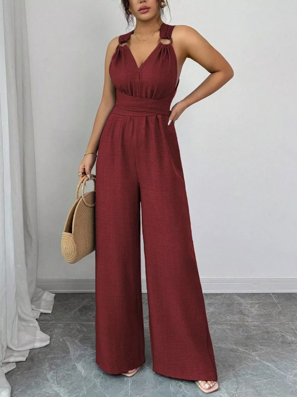 Sleeveless V-Neck Wide-Leg Jumpsuit with O-Ring Detail, image 14