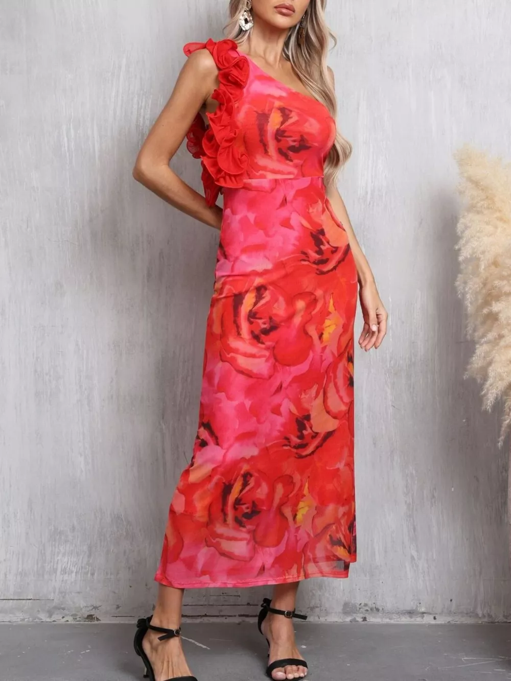 Floral Print One Shoulder Ruffle Trim Dress, image 5