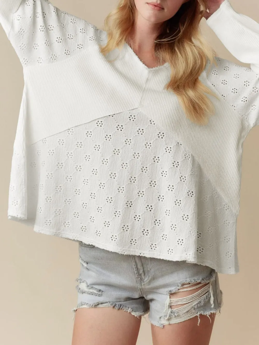 Eyelet Embroidered Loose V Neck Long Sleeve Top, image 5
