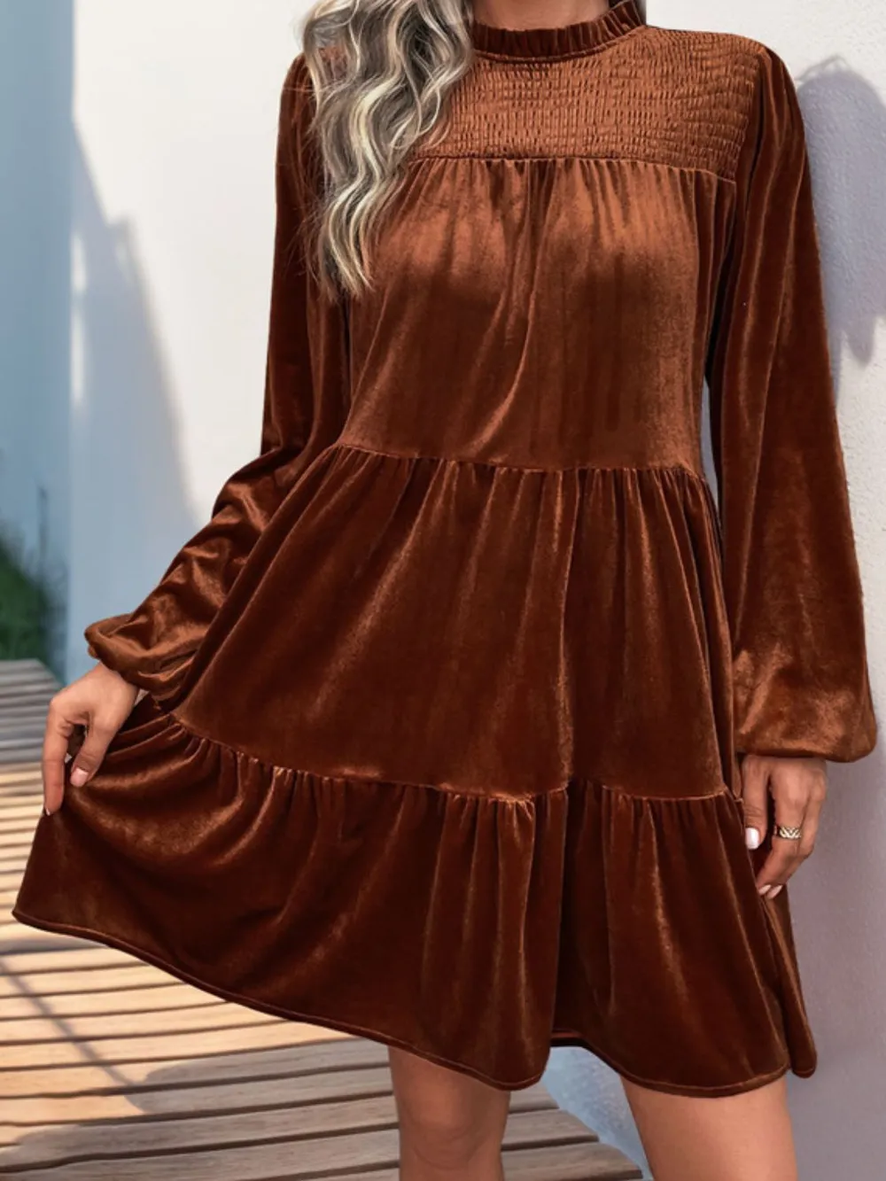 Tiered Ruched Mock Neck Long Sleeve Dress, image 4