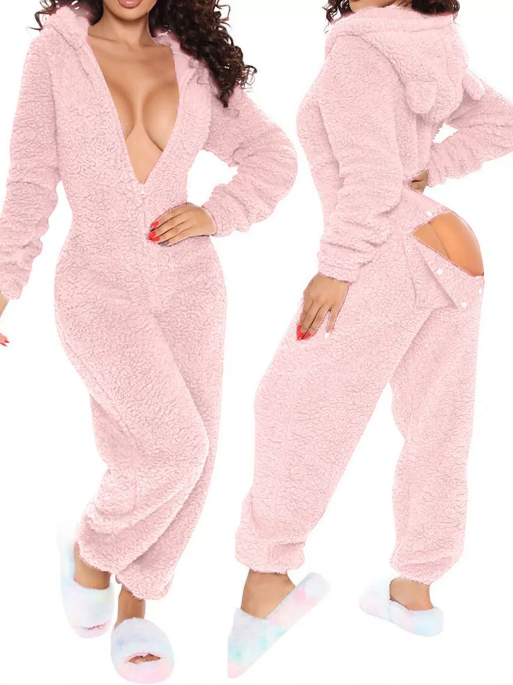 Fleece Hooded Open Back Jumpsuit, image 2