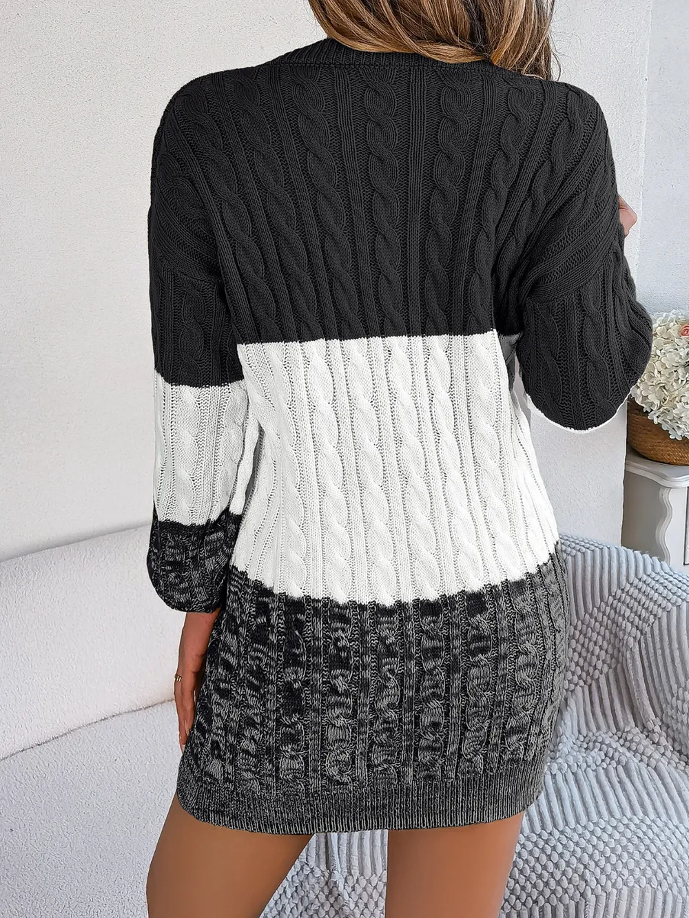 Cable-Knit Round Neck Color Block Sweater Dress, image 6