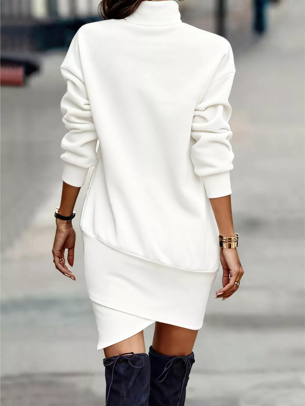Turtleneck Long Sleeve Asymmetrical Hem Mini Dress, image 13