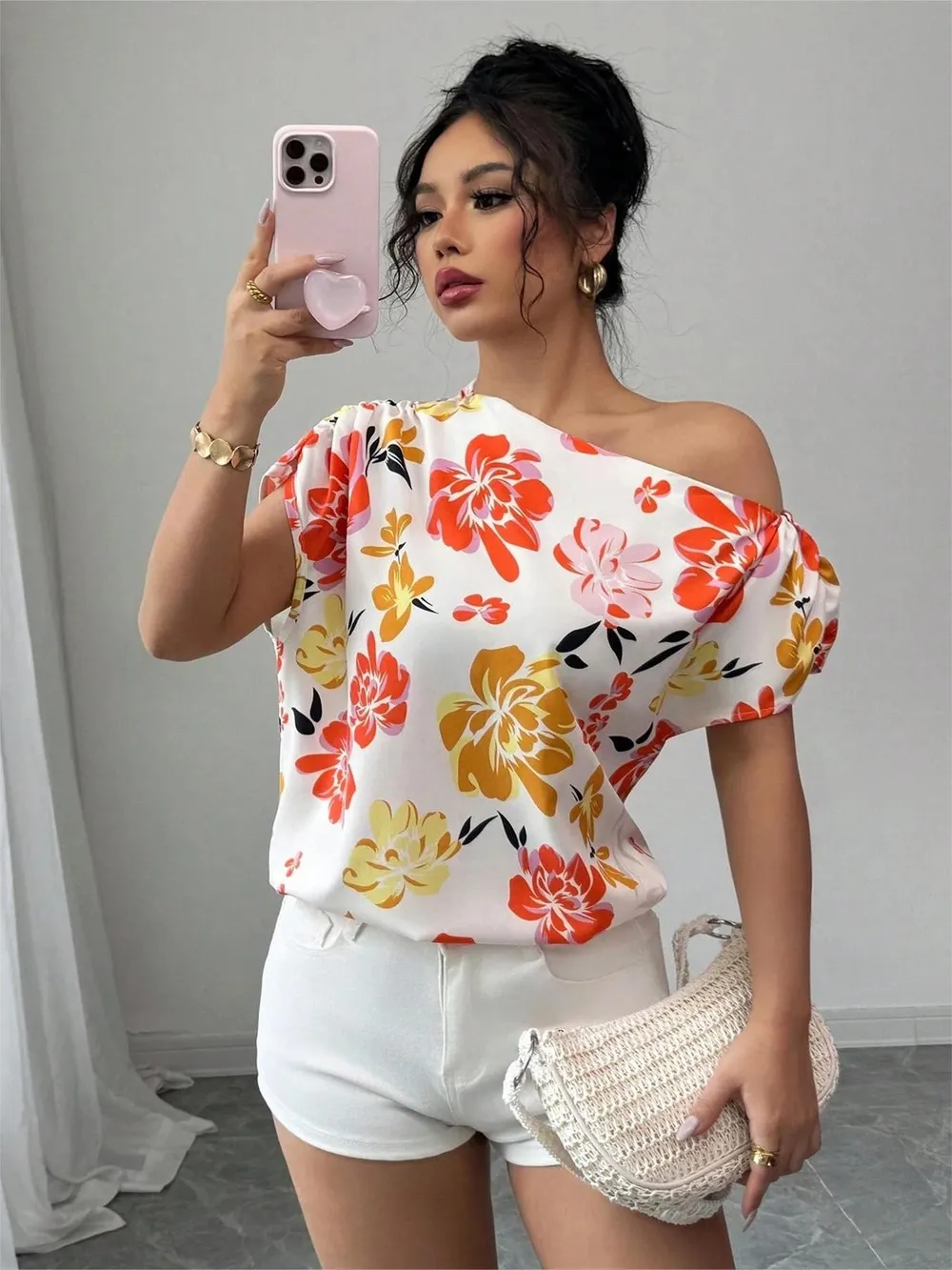 Floral Print One Shoulder Short Sleeve Blouse, image 5