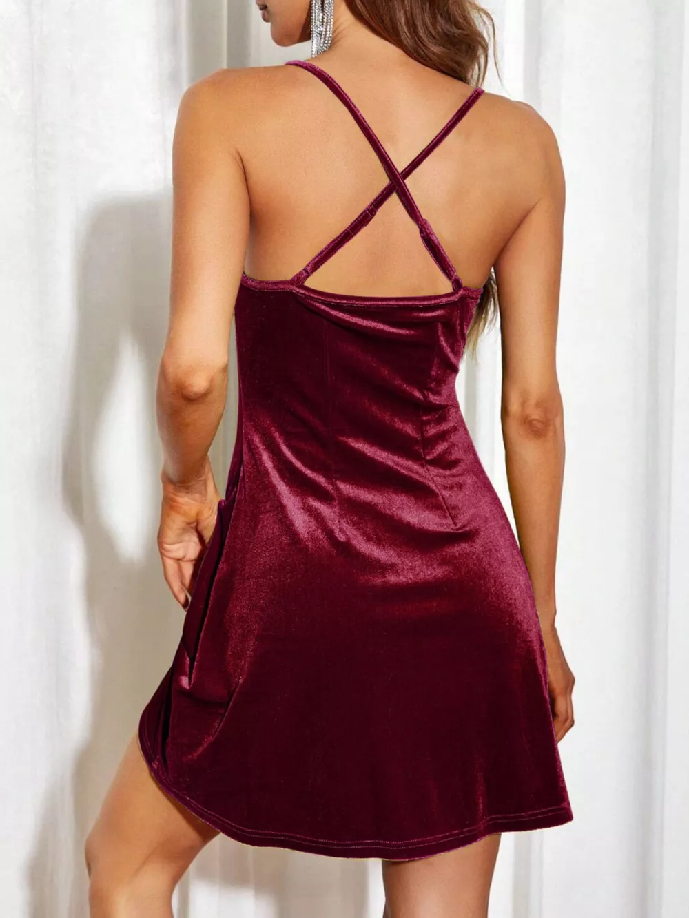 Velvet Cowl Neck Spaghetti Strap Bodycon Dress, image 5