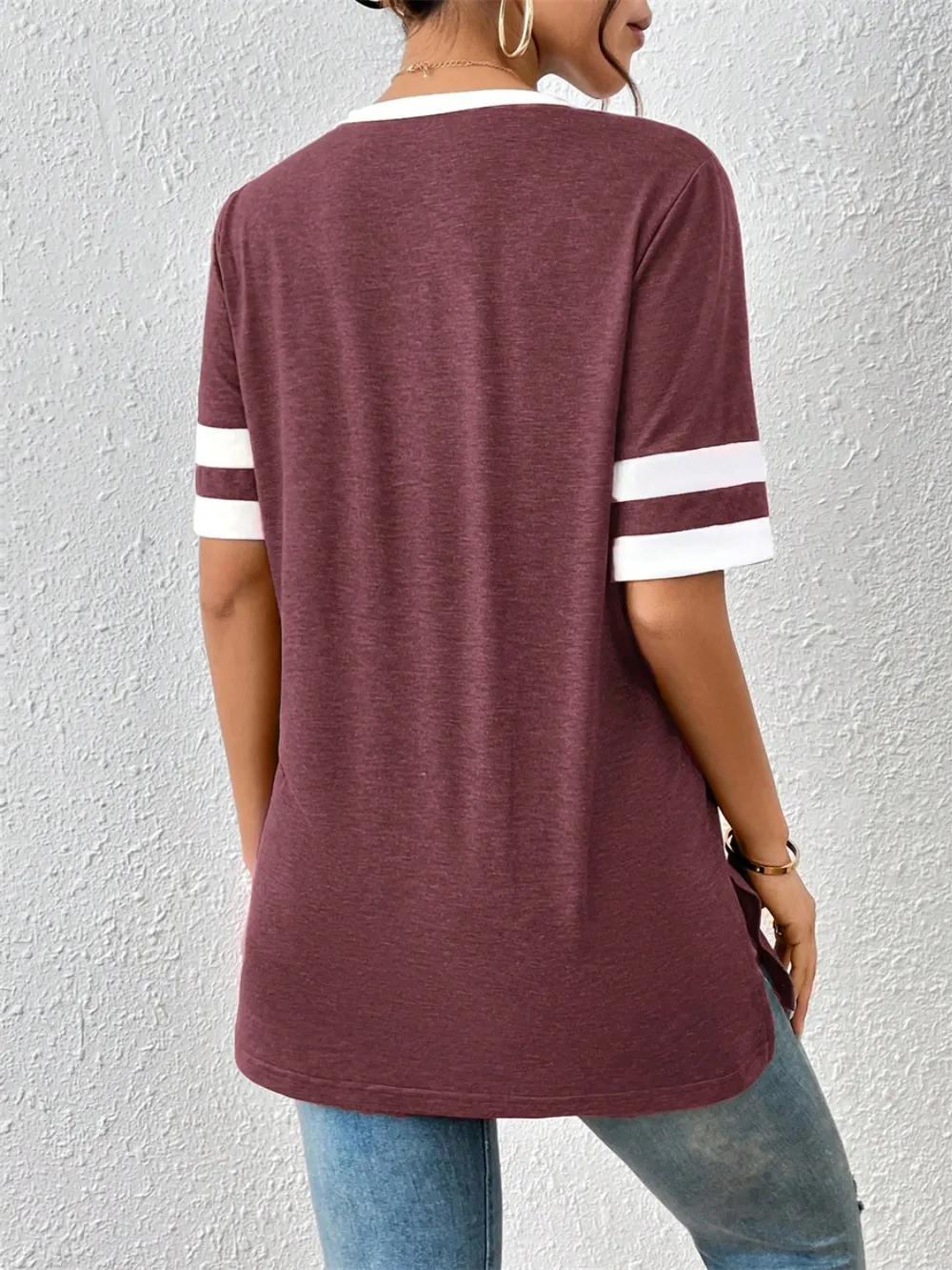 Contrast Trim V-Neck Short Sleeve T-Shirt, image 2