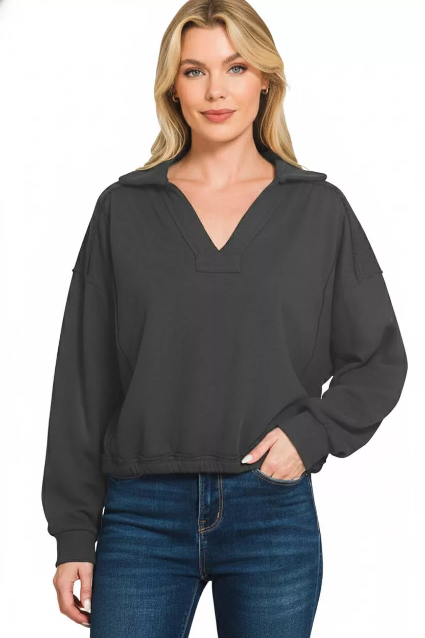 French Terry Collared Exposed Seam Sweatshirt, image 2