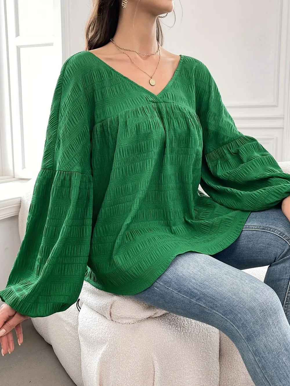 Plus Size Texture V-Neck Long Sleeve Top, image 5