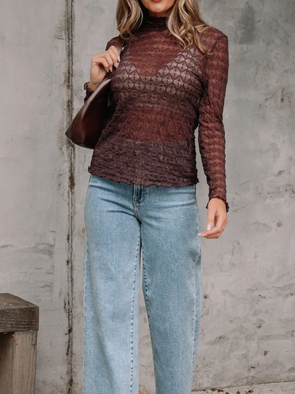 Sheer Mesh Patterned Lettuce Trim Slim Long Sleeve Top, image 7