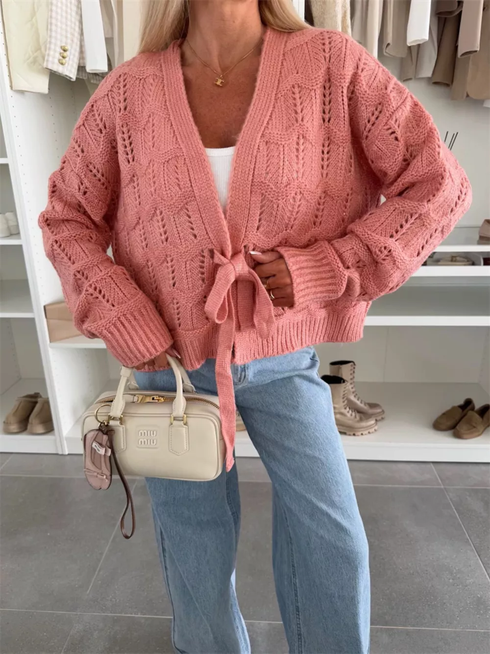 Tie-Front Openwork Cardigan, image 10