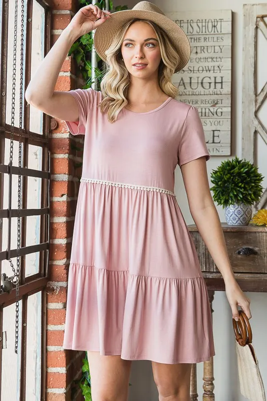 Full Size Solid Mini Tiered Dress with Pompom Lace Plus Size, image 10
