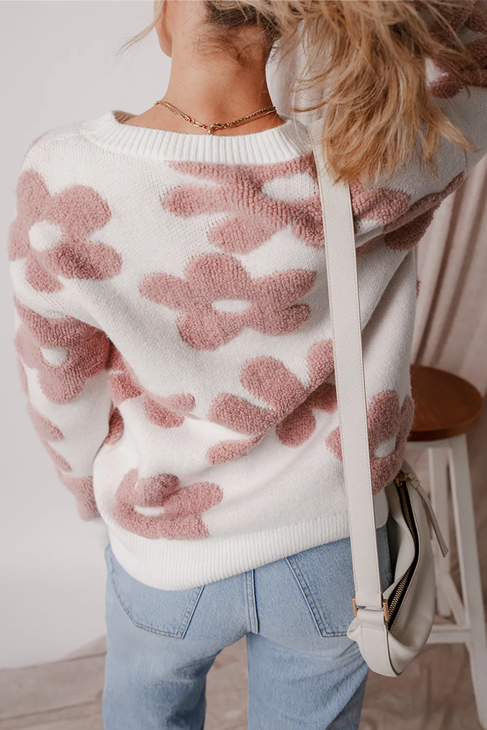 Flower Round Neck Long Sleeve Knit Top, image 6