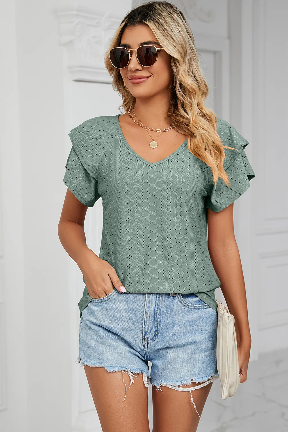 Eyelet V-Neck Short Sleeve T-Shirt, image 17