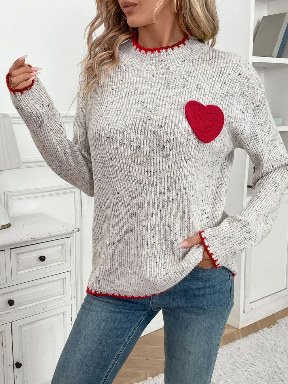 Contrast Heart Round Neck Long Sleeve Sweater, image 4
