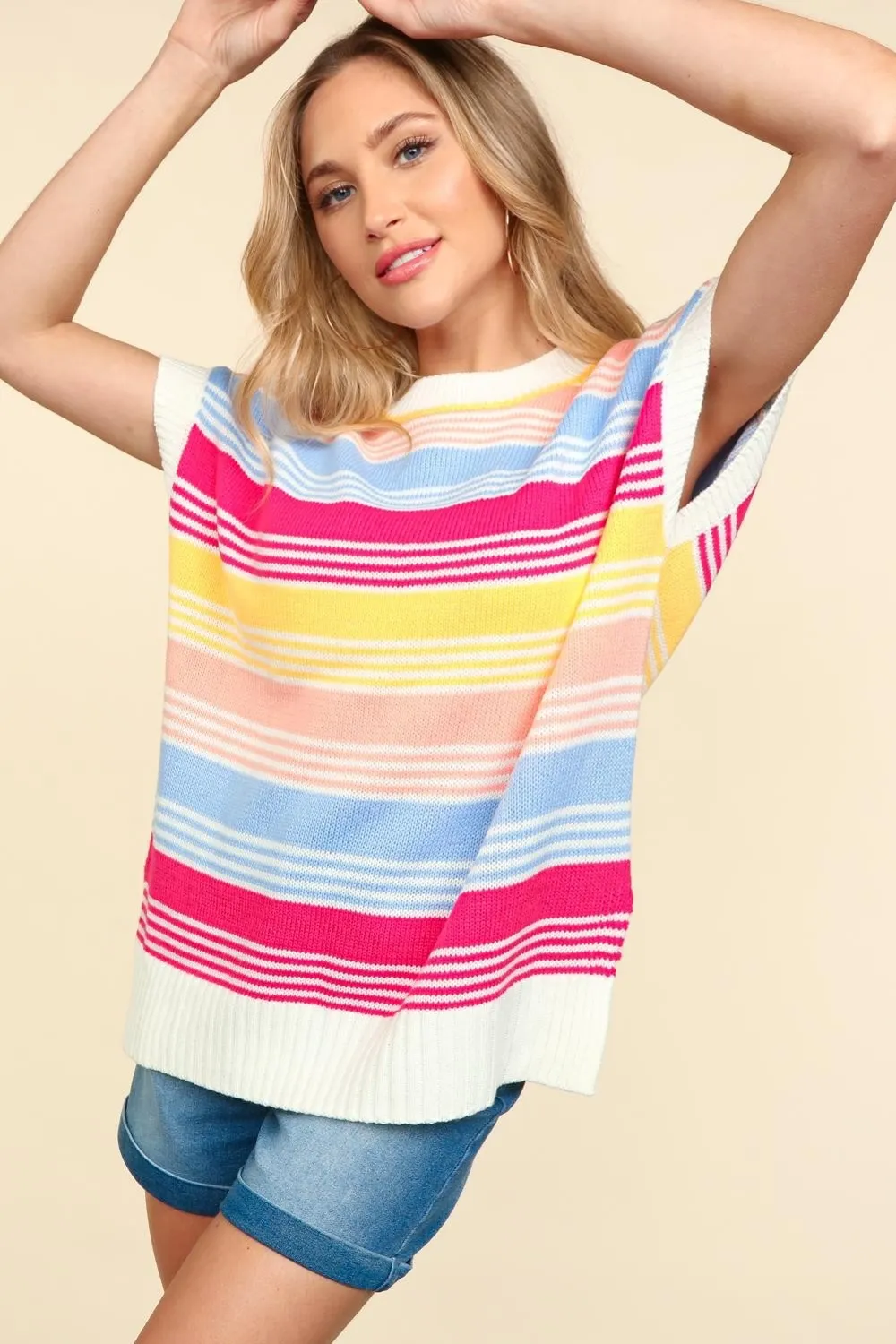 Striped Side Slit Short Sleeve Knit Top, image 4