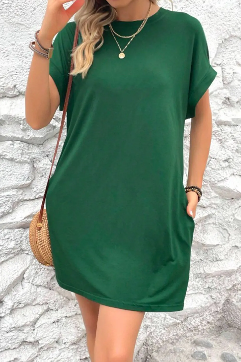 Pocketed Round Neck Short Sleeve Dress, image 3