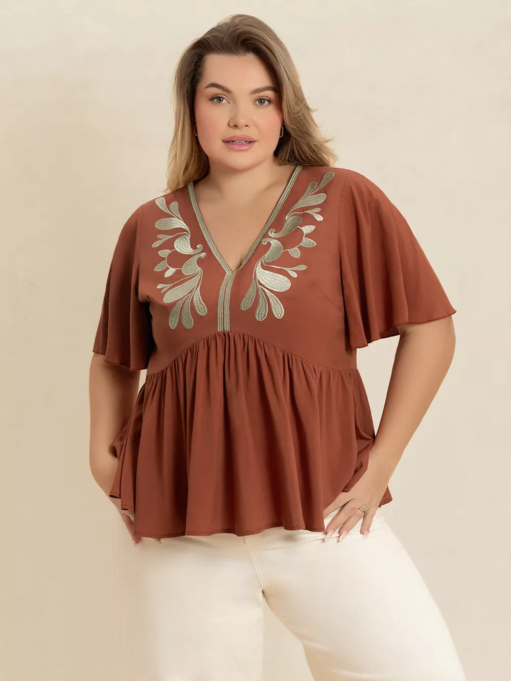 Plus Size Embroidered V-Neck Flutter Sleeve Blouse, image 7