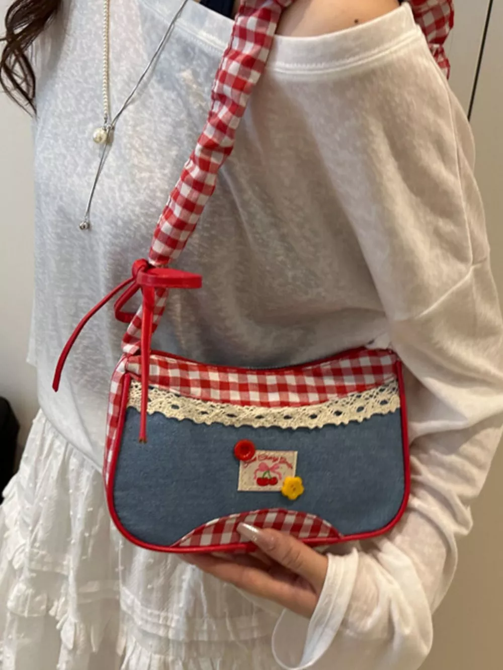 Cherry Plaid Strap Crossbody Bag, image 8