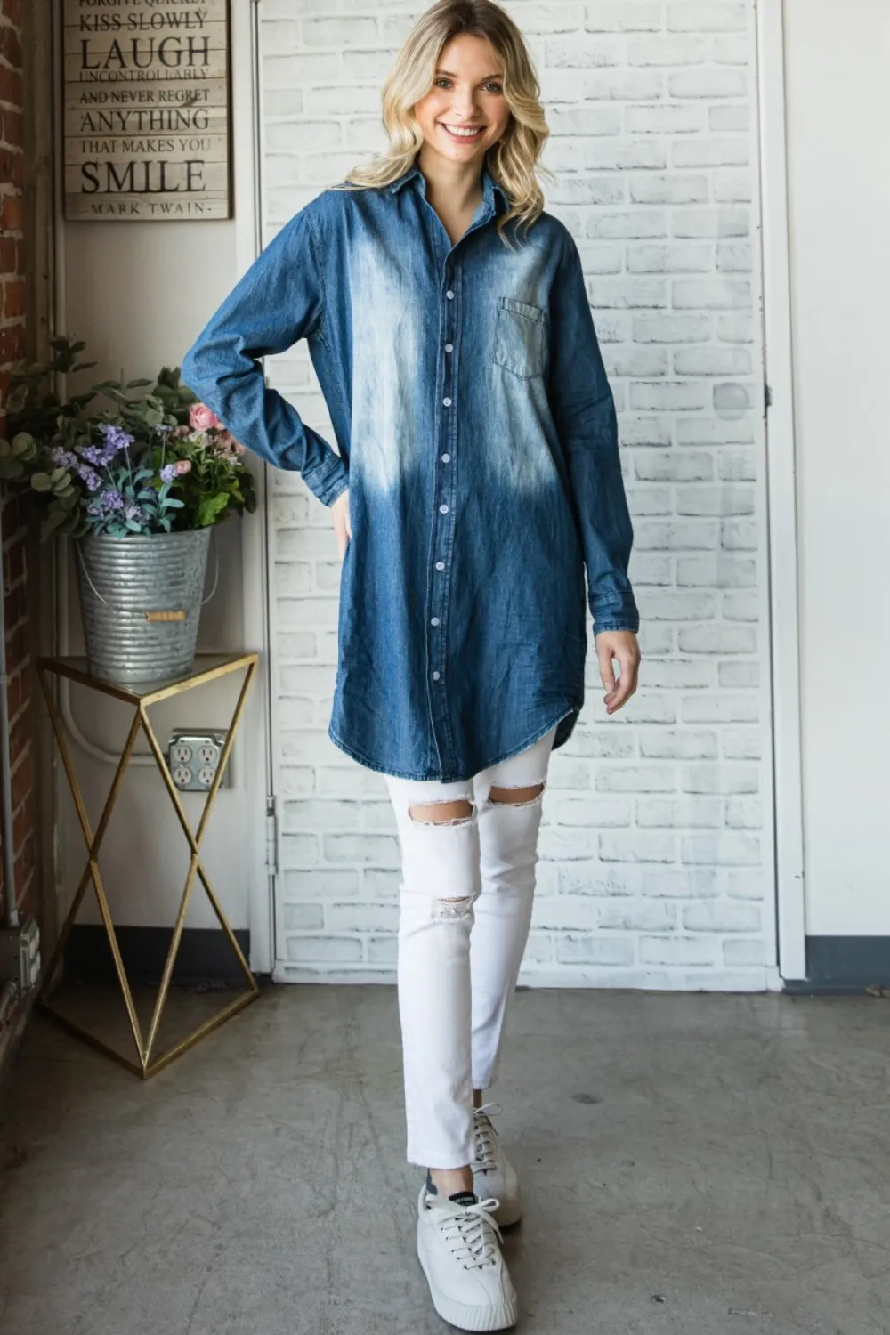 Pocketed Button Up Washed Denim Shirt, image 7