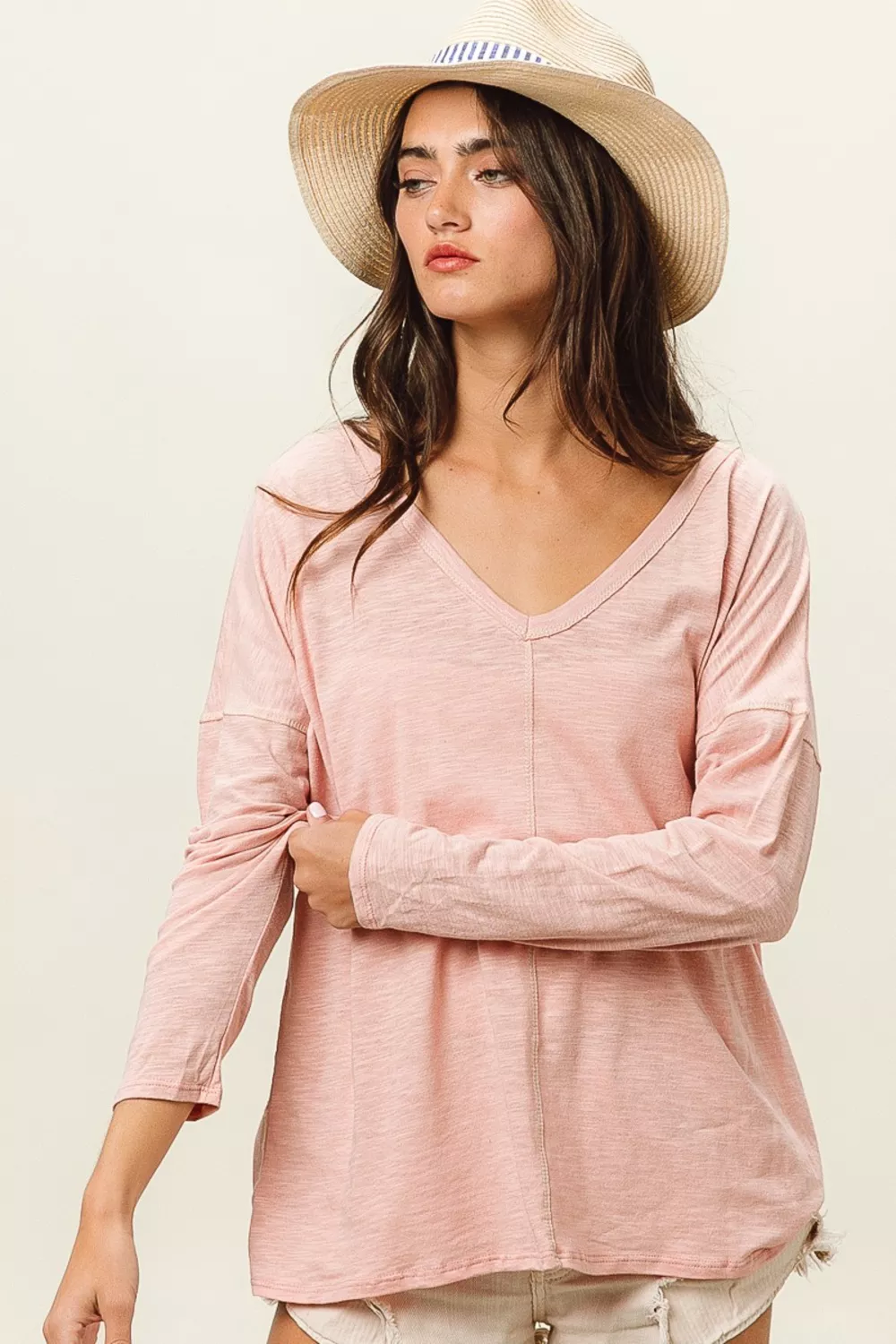 Exposed Seam V-Neck Long Sleeve T-Shirt, image 3