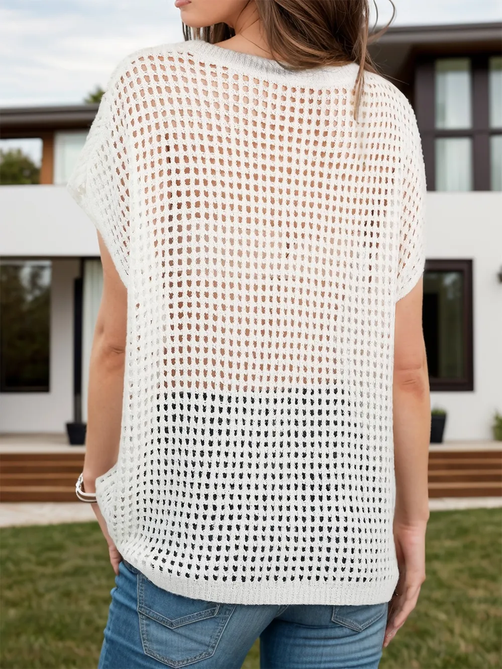 Openwork Round Neck Short Sleeve Cover-Up, image 6