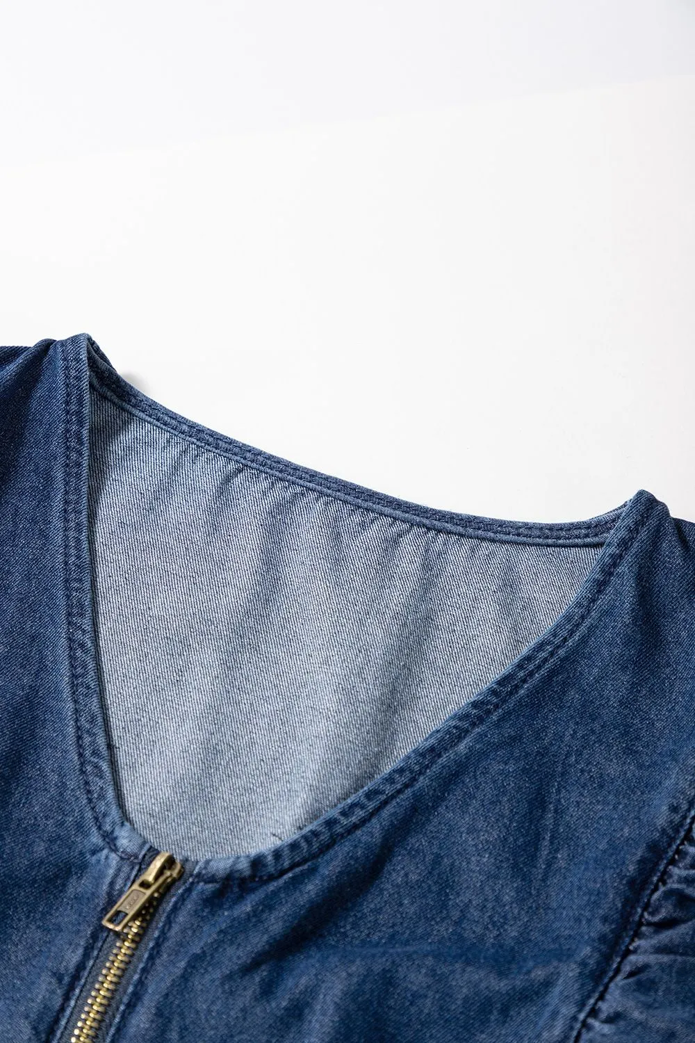 Denim Ruffled Zipped Front Belted Romper, image 9