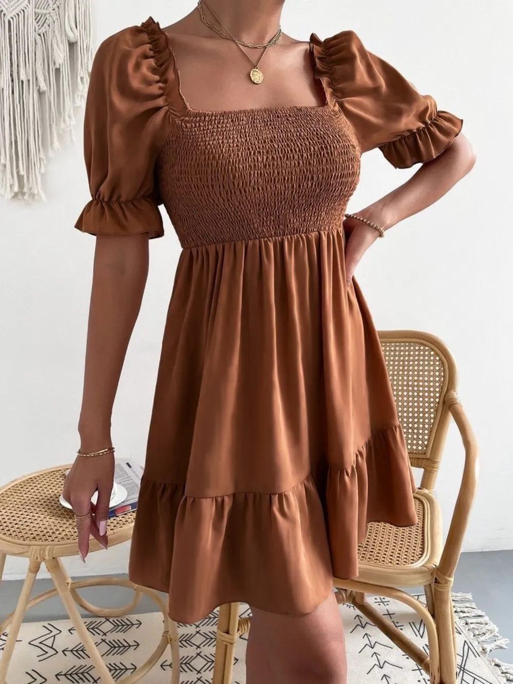 Smocked Square Neck Short Sleeve Dress, image 14