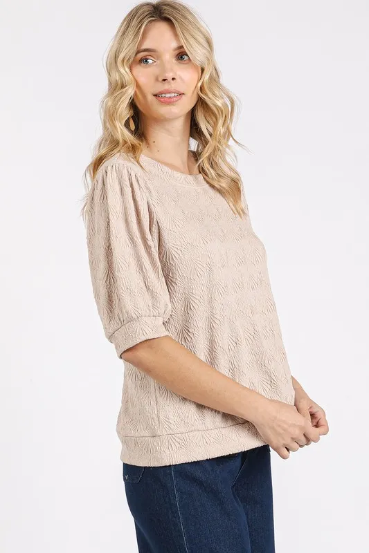 Fan Shell Texture Short Puff Sleeve Knit Top, image 4