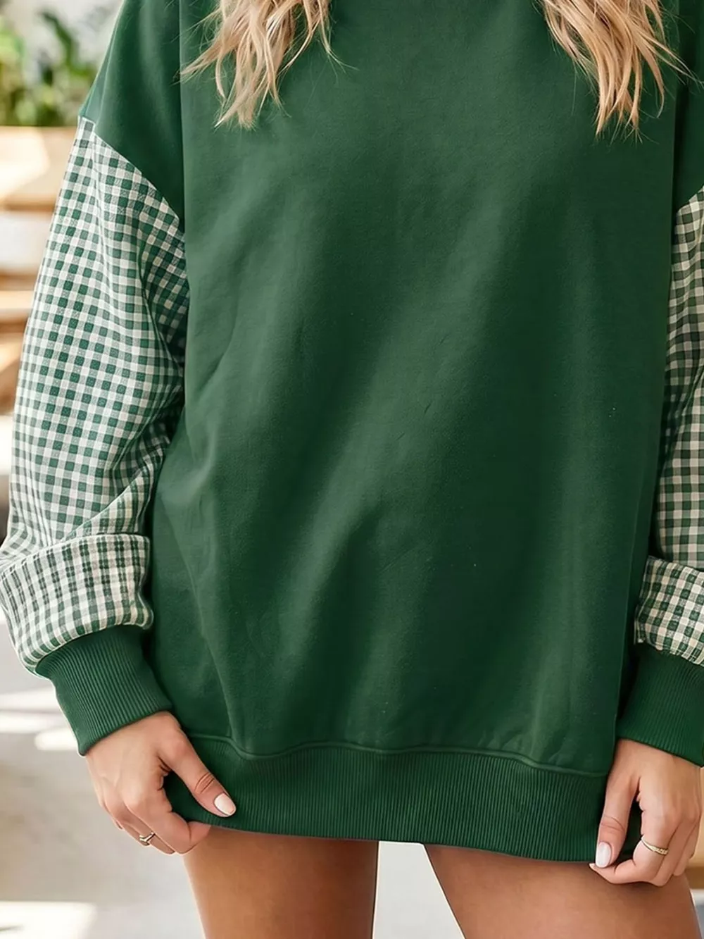Gingham Sleeve Mock Neck Sweatshirt, image 2