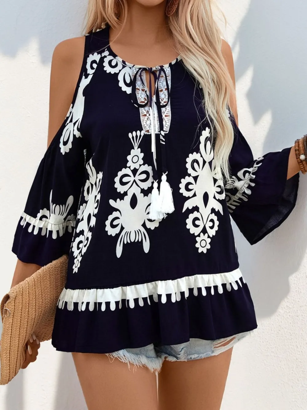 Tassel Printed Tie Neck Cold Shoulder Blouse, image 4