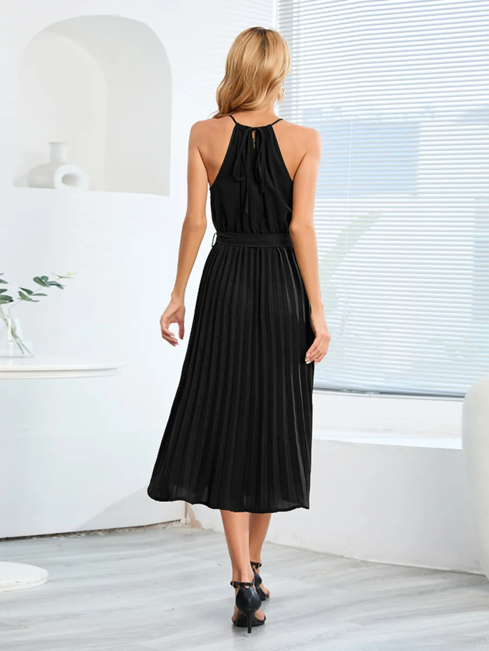 Pleated Spaghetti Strap Tie Waist Midi Dress, image 15