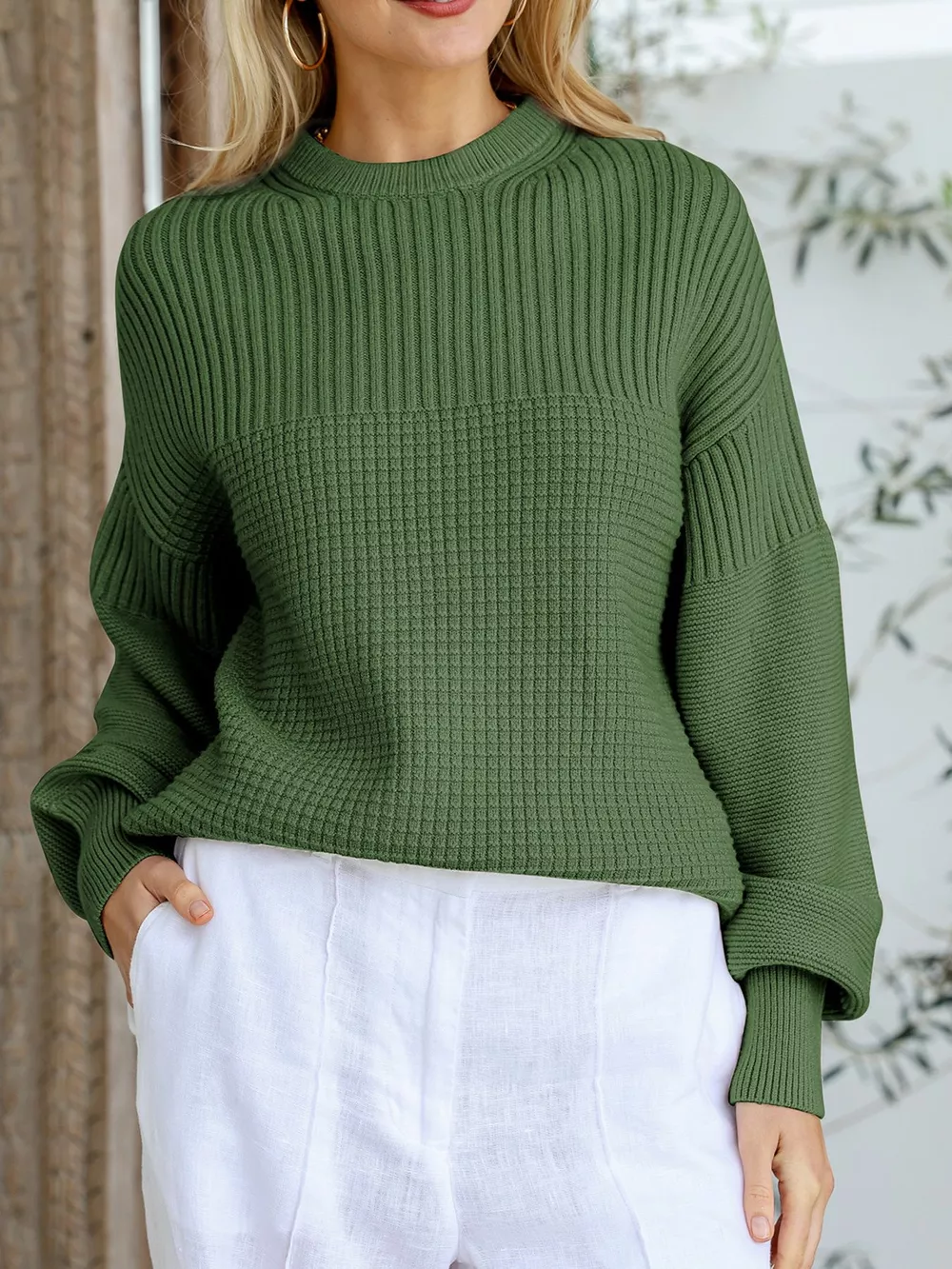 Textured Knit Round Neck Sweater, image 6