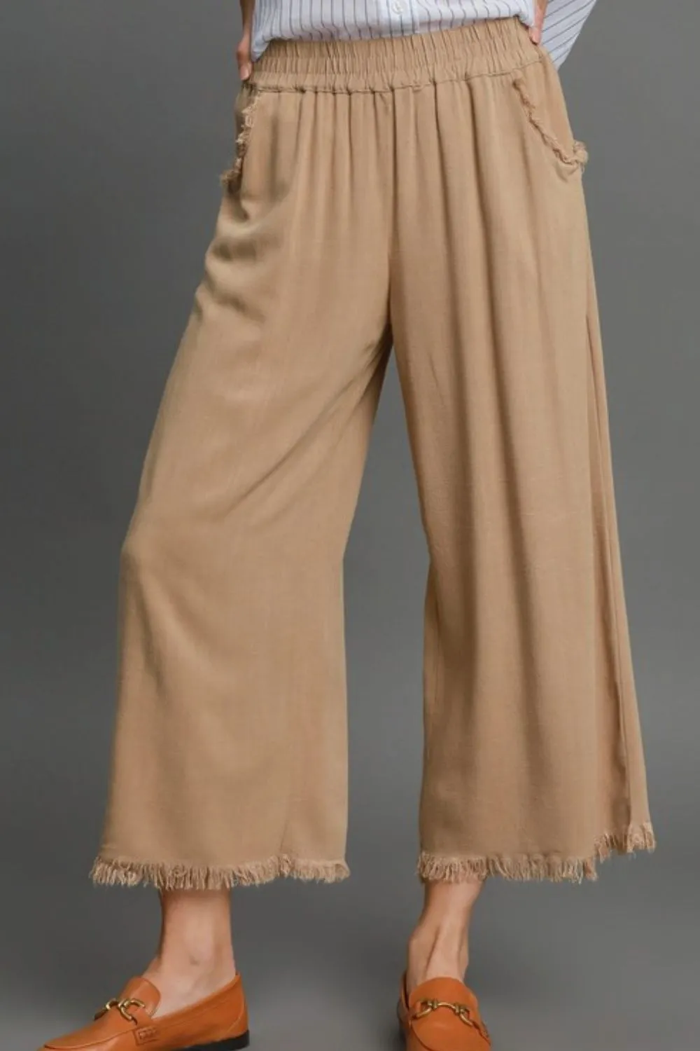 Full Size Linen Blend Elastic Waistband Wide Leg Pants Plus Size