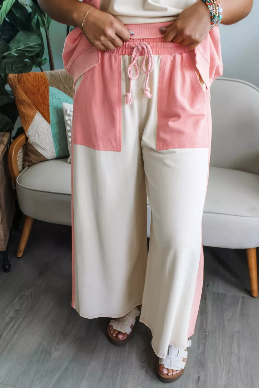 Two-tone Color Block Patchwork Tee Drawstring Loose Pant Set, image 4