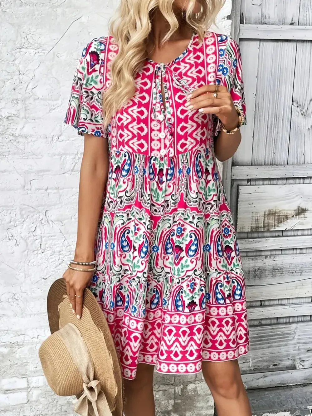 Printed Tie Neck Short Sleeve Dress, image 11