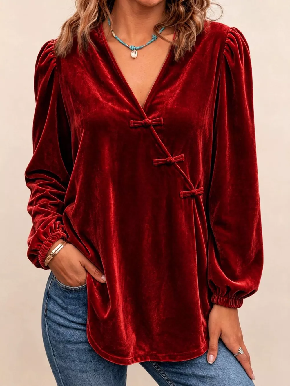Chinese-Style Knot Buttons Velvet Blouse, image 5