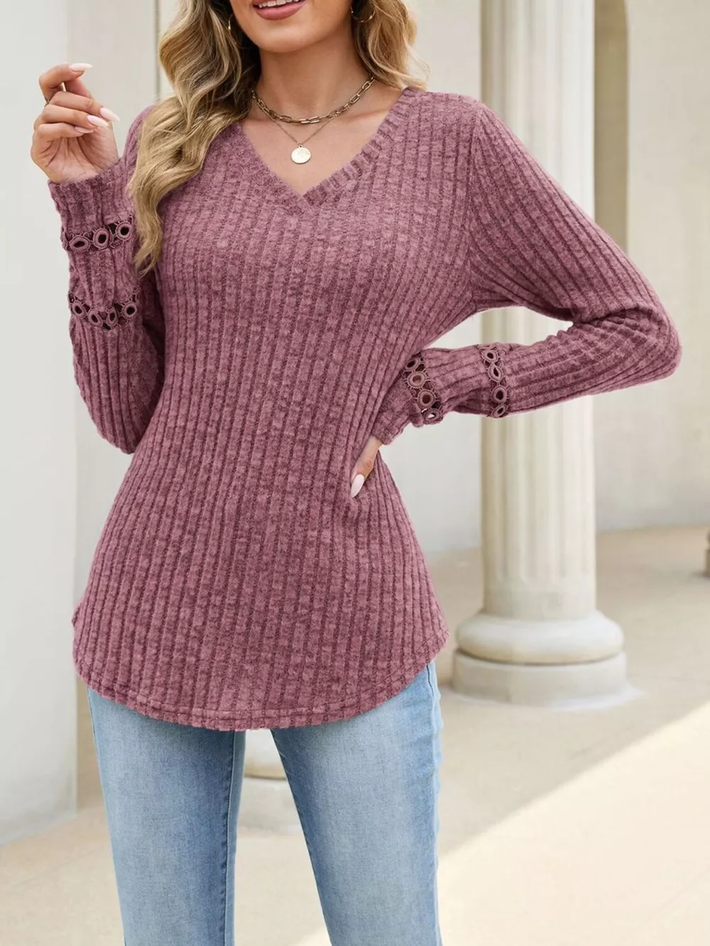 V-Neck Ribbed Knit Top with Eyelet Cuff Detail, image 12