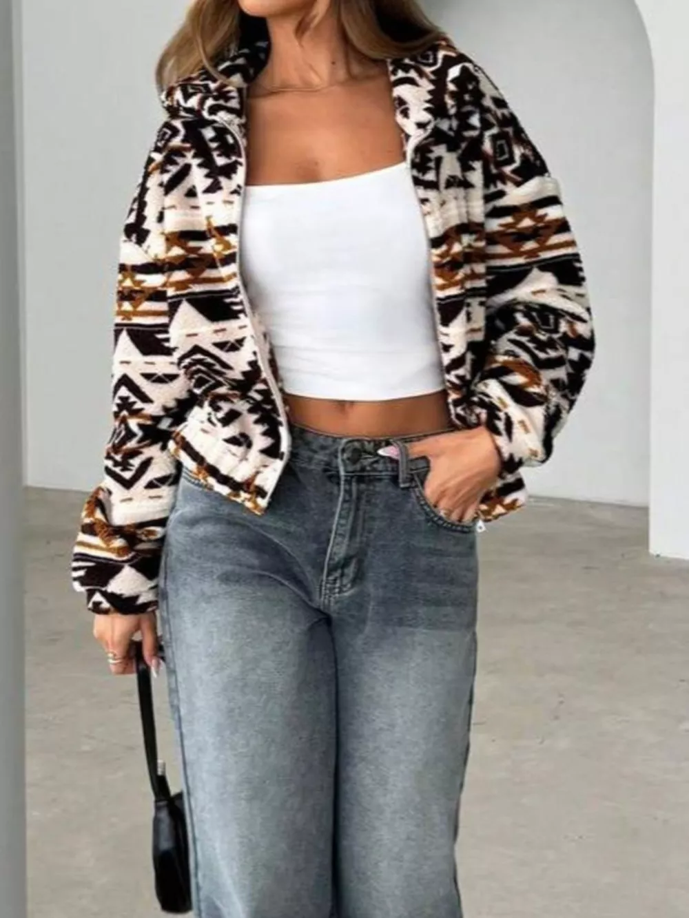 Geometric Fleece Zip-Up Jacket, image 4