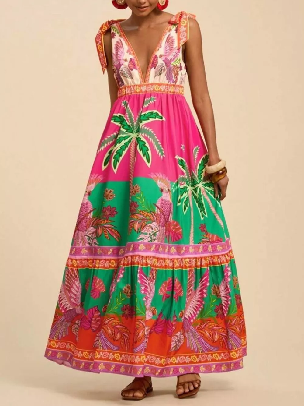 Tropical Print Tie-Shoulder Maxi Dress