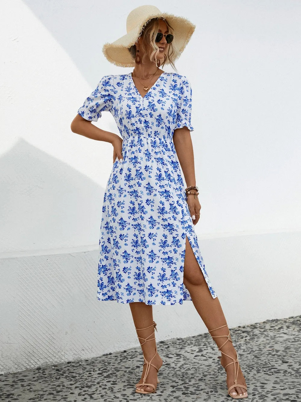 Slit Printed V-Neck Short Sleeve Dress, image 9