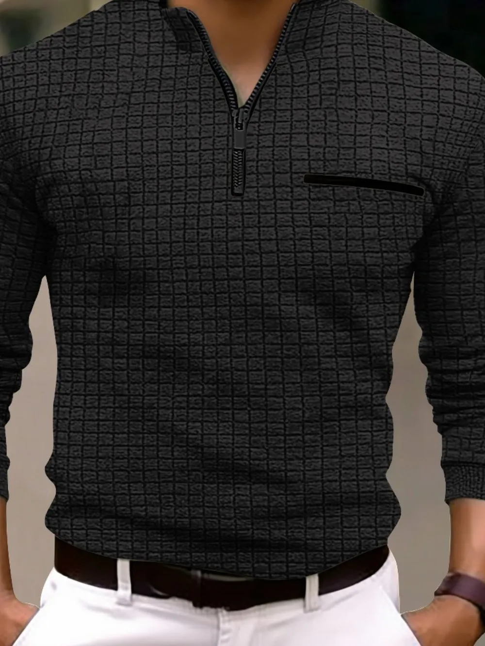 Men's Full Size Quarter Zip Long Sleeve Polo Plus Size