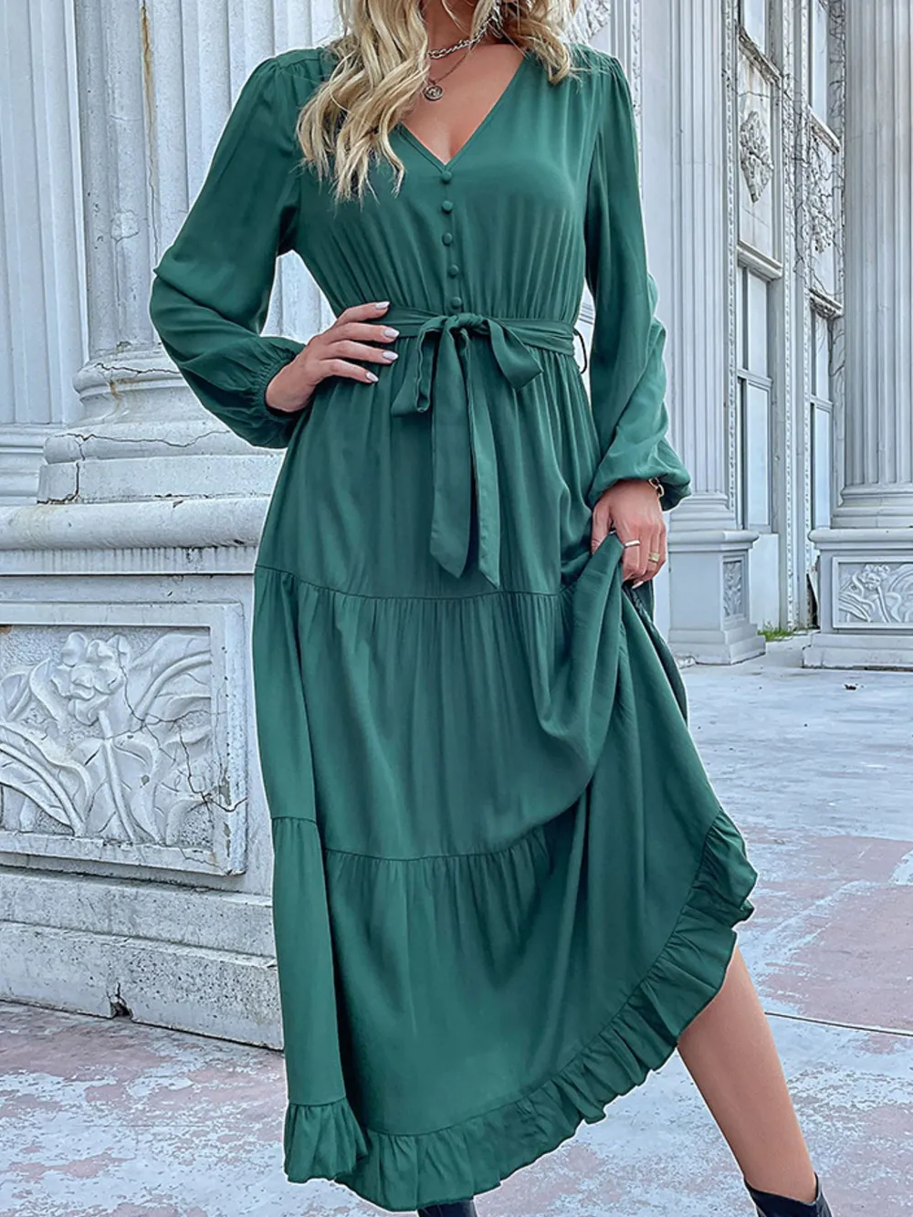 Ruffled Hem V-Neck Balloon Sleeve Dress, image 20