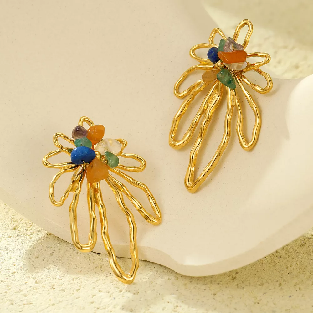 18K Gold-Plated Natural Stone Flower Earrings, image 2