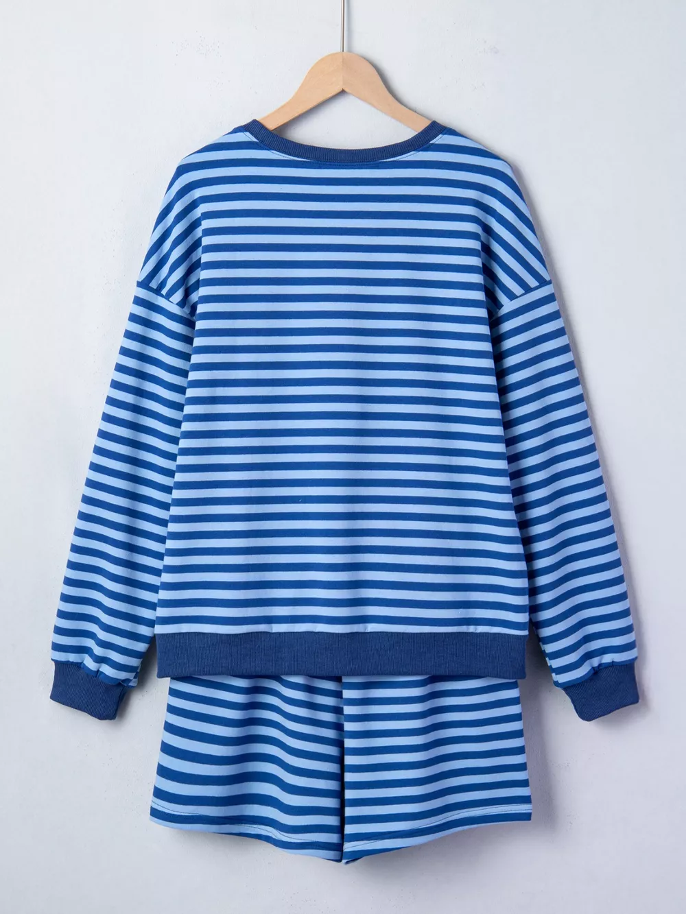 Stripe Drop Shoulder Long Sleeve Pullover Elastic Waist Casual Short Set, image 3