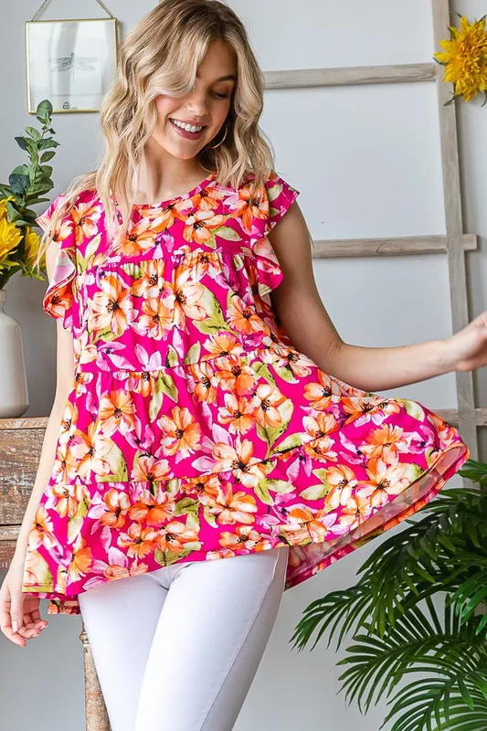 Full Size Butterfly Sleeve Floral Tiered Top Plus Size, image 12