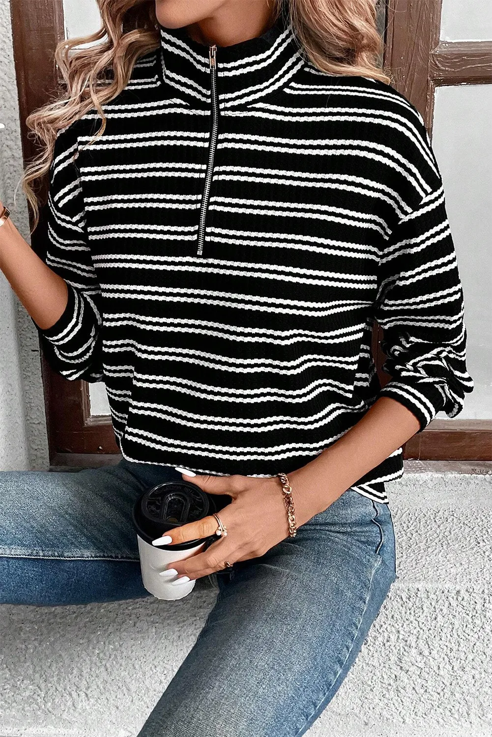 Striped Half Zip Long Sleeve Top, image 3