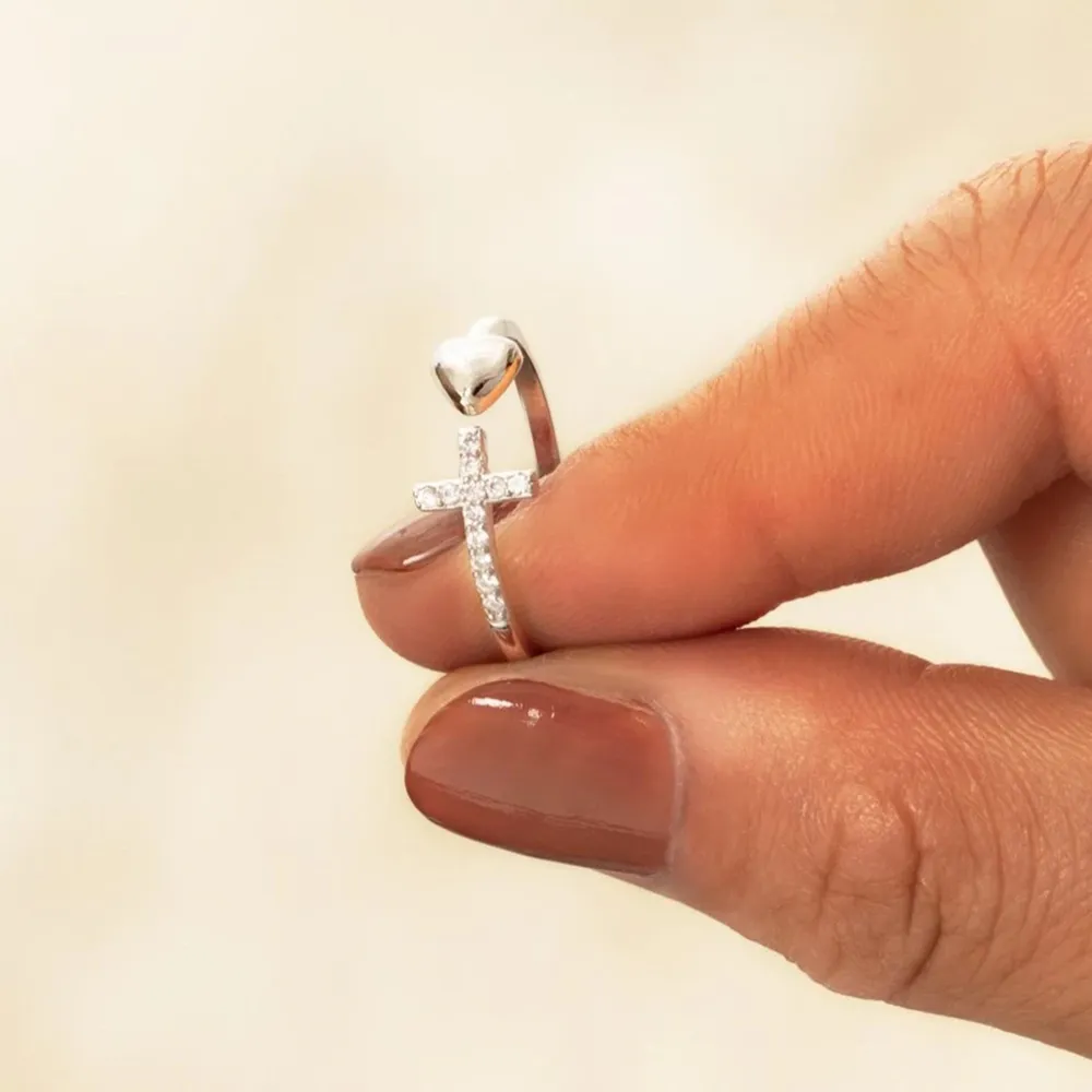 Heart Shape Cross Inlaid Zircon Open Ring, image 6