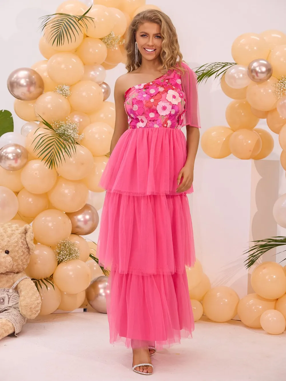 Embroidered Layered Single Shoulder Midi Dress, image 5