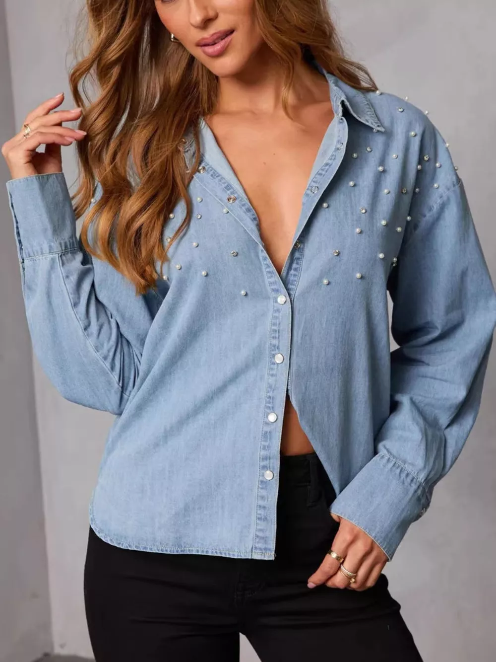 Pearl Embellished Button Up Denim Shirt, image 3